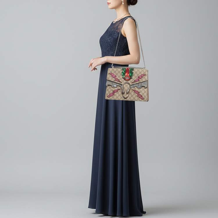 Pre Owned Gucci Embellished Patch Dionysus Medium Beige GG Supreme Canvas and Suede Shoulder Bag