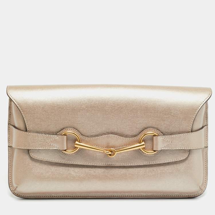 Pre Owned Gucci Bright Bit Metallic Beige Leather Clutch