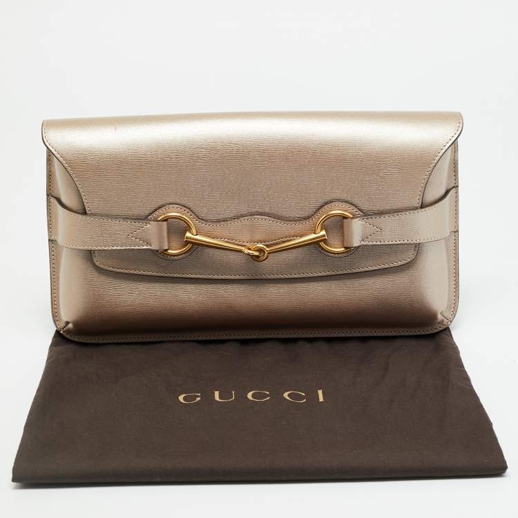 Pre Owned Gucci Bright Bit Metallic Beige Leather Clutch