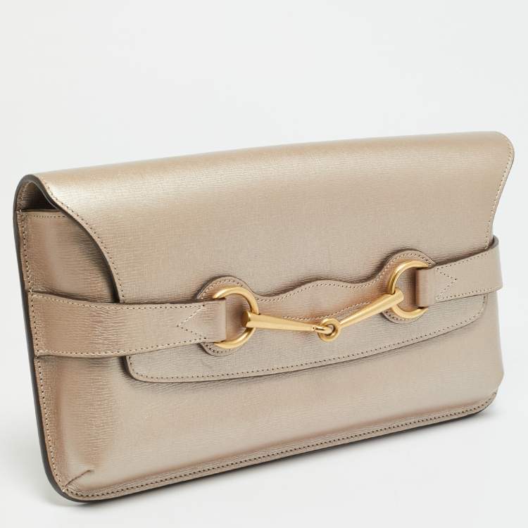 Pre Owned Gucci Bright Bit Metallic Beige Leather Clutch