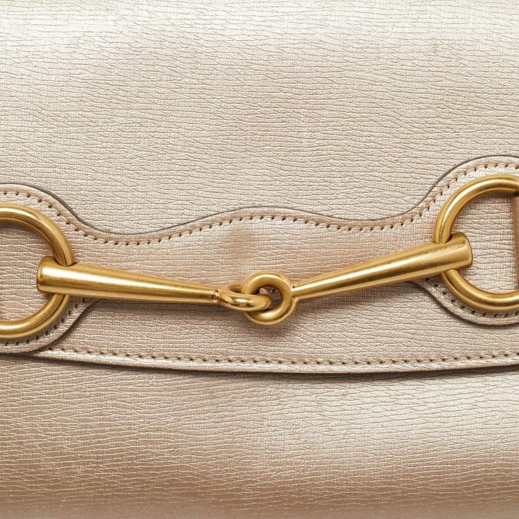 Pre Owned Gucci Bright Bit Metallic Beige Leather Clutch