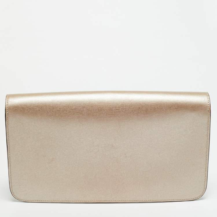 Pre Owned Gucci Bright Bit Metallic Beige Leather Clutch
