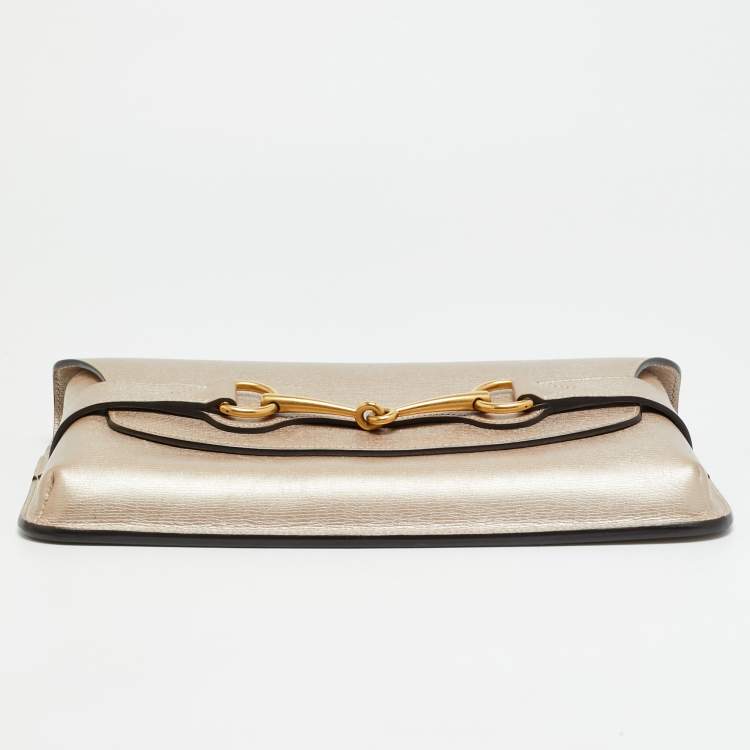 Pre Owned Gucci Bright Bit Metallic Beige Leather Clutch
