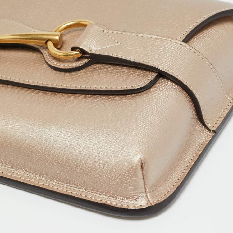 Pre Owned Gucci Bright Bit Metallic Beige Leather Clutch
