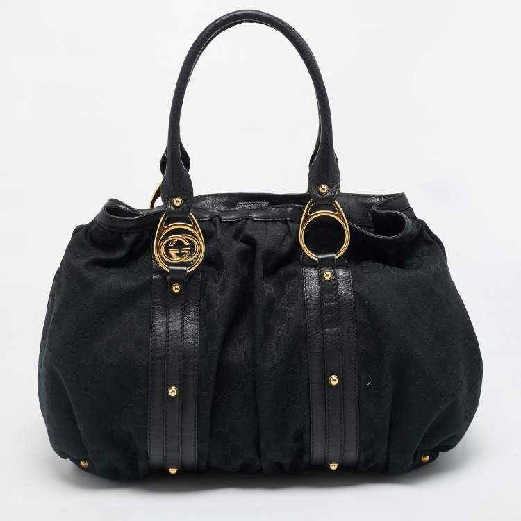Pre Owned Gucci Interlocking G Black GG Canvas and Leather Tote