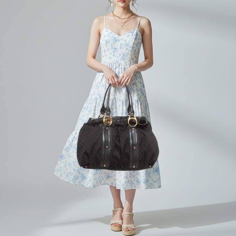 Pre Owned Gucci Interlocking G Black GG Canvas and Leather Tote