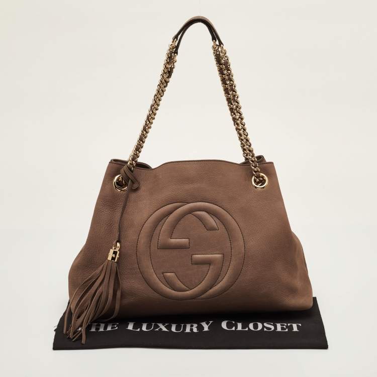 Pre Owned Gucci Soho Medium Brown Nubuck Leather Chain Shoulder Bag