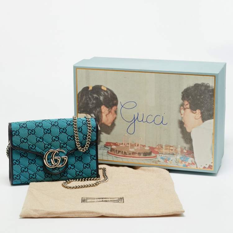 Pre Owned Gucci GG Marmont Blue/Black GG Diagonal Quilt Canvas and Leather Wallet on Chain