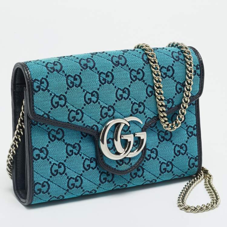 Pre Owned Gucci GG Marmont Blue/Black GG Diagonal Quilt Canvas and Leather Wallet on Chain