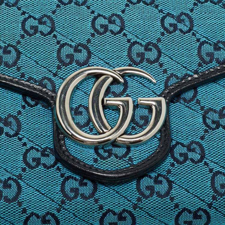 Pre Owned Gucci GG Marmont Blue/Black GG Diagonal Quilt Canvas and Leather Wallet on Chain