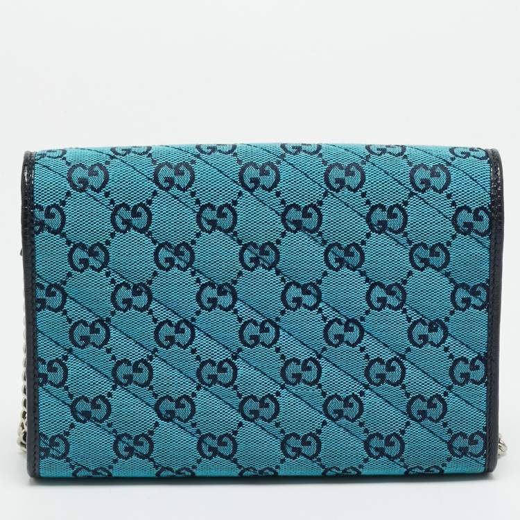 Pre Owned Gucci GG Marmont Blue/Black GG Diagonal Quilt Canvas and Leather Wallet on Chain