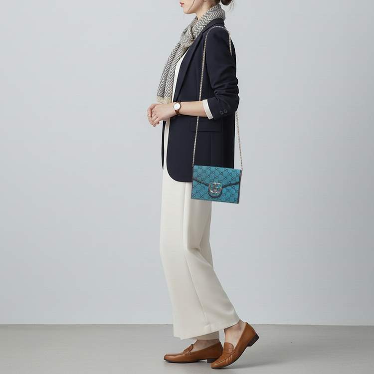 Pre Owned Gucci GG Marmont Blue/Black GG Diagonal Quilt Canvas and Leather Wallet on Chain