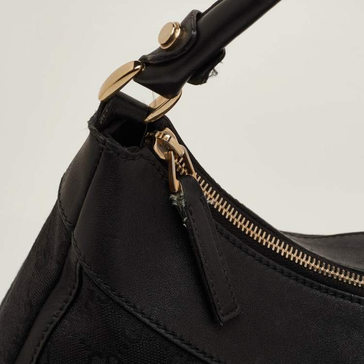 Pre Owned Gucci Abbey D-Ring Black GG Canvas and Leather Hobo