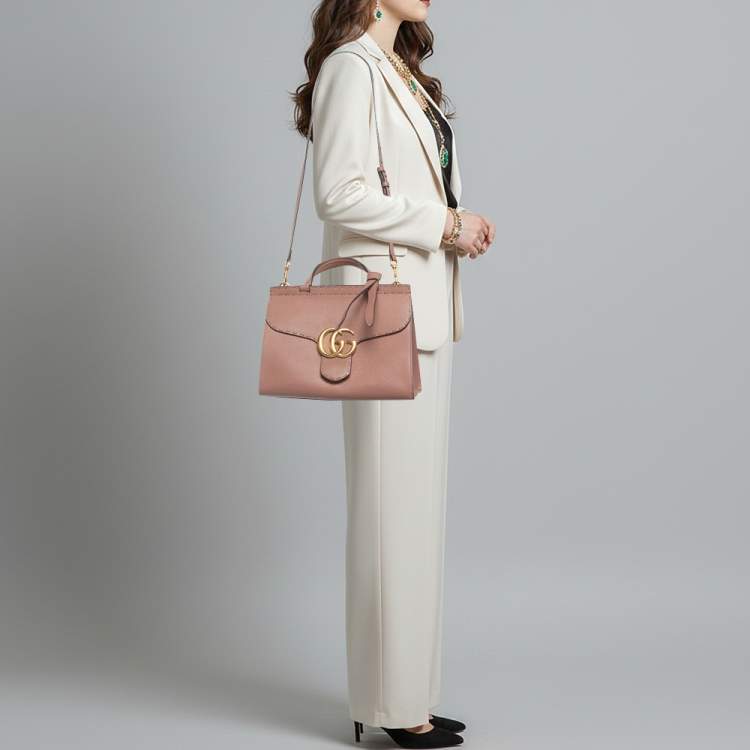 Pre Owned Gucci GG Marmont Medium Old Rose Leather Top Handle Bag