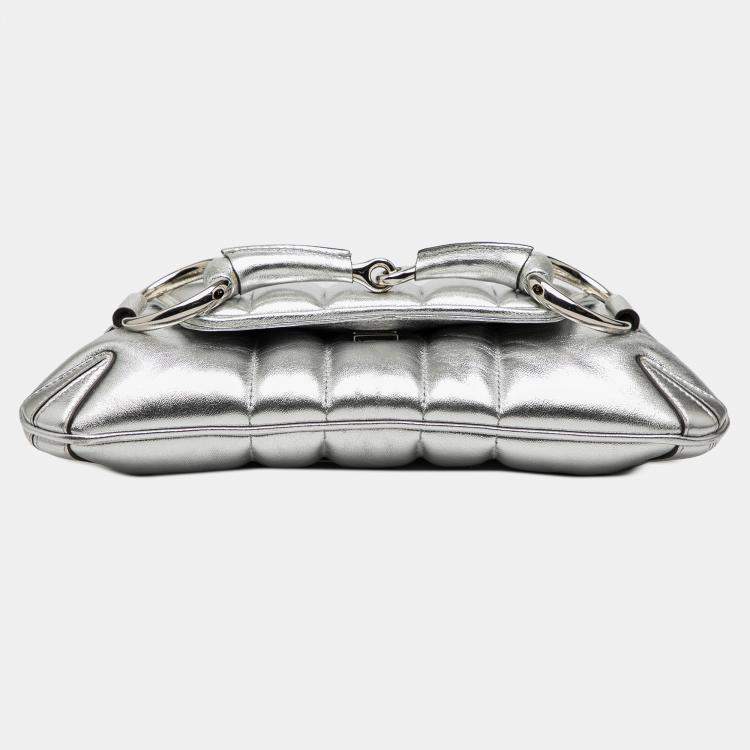 Pre Owned Gucci Silver Small Metallic Quilted Leather Horsebit Chain Satchel