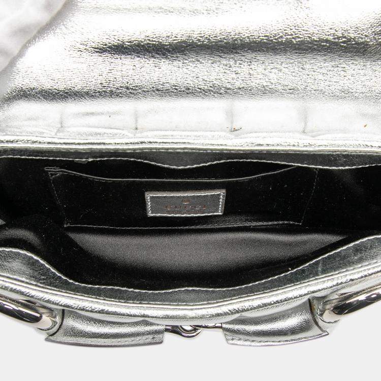 Pre Owned Gucci Silver Small Metallic Quilted Leather Horsebit Chain Satchel