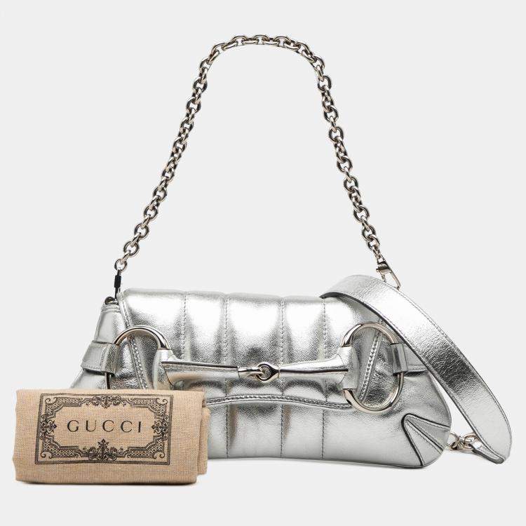 Pre Owned Gucci Silver Small Metallic Quilted Leather Horsebit Chain Satchel