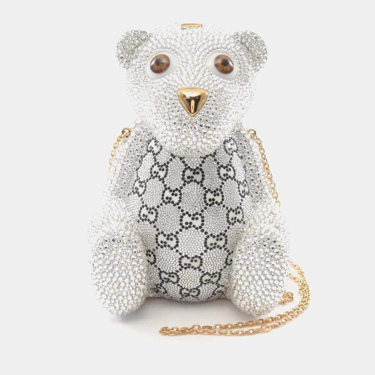 Pre Owned Gucci Gg Teddy Bear Shoulder Bag With Swarovski Crystals Clear Multicolor