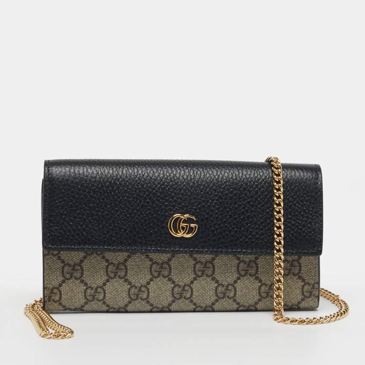 Pre Owned Gucci GG Marmont Black/Beige GG Supreme Canvas and Leather Wallet On Chain
