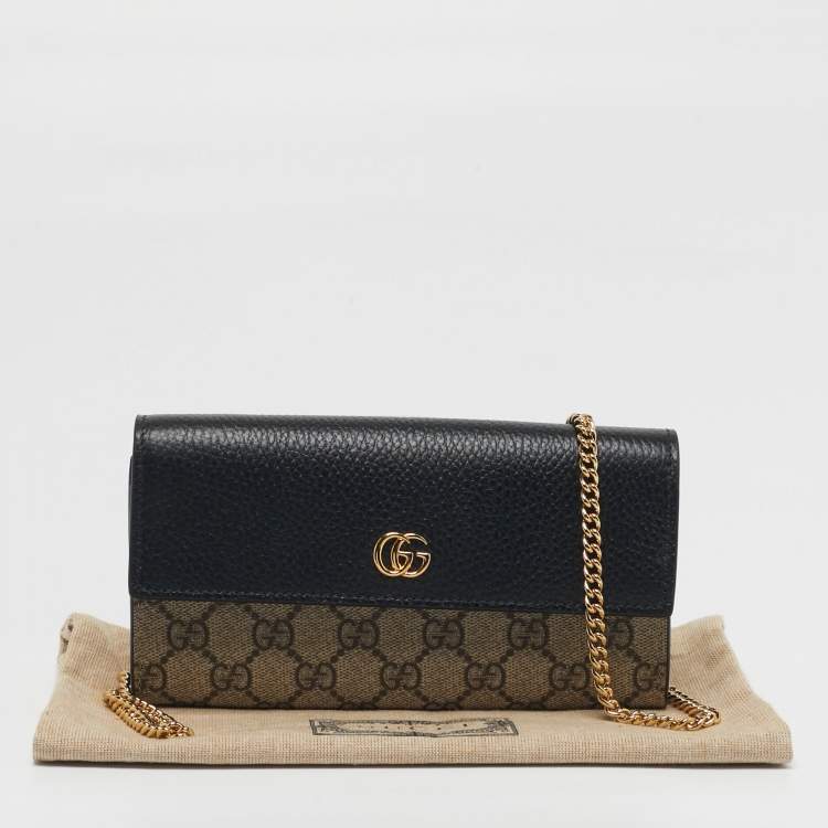 Pre Owned Gucci GG Marmont Black/Beige GG Supreme Canvas and Leather Wallet On Chain