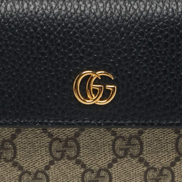 Pre Owned Gucci GG Marmont Black/Beige GG Supreme Canvas and Leather Wallet On Chain