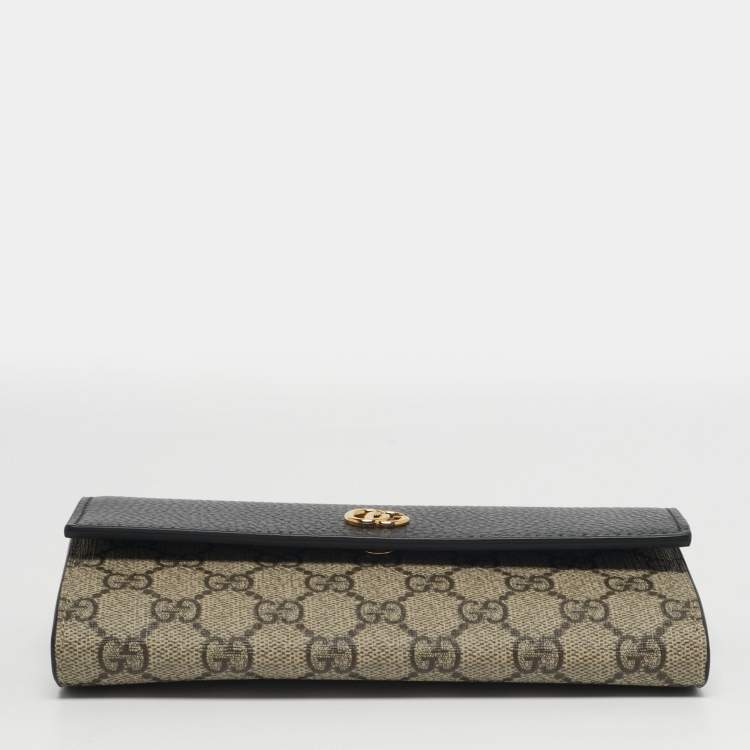 Pre Owned Gucci GG Marmont Black/Beige GG Supreme Canvas and Leather Wallet On Chain