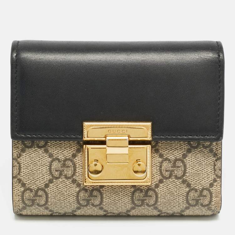 Pre Owned Gucci Padlock Beige/Black GG Supreme Canvas and Leather Trifold Wallet