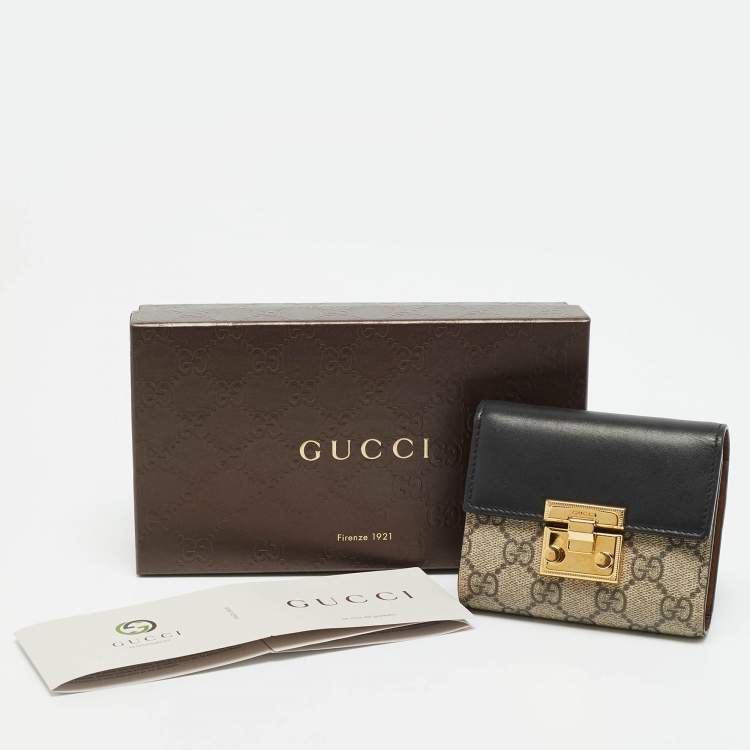 Pre Owned Gucci Padlock Beige/Black GG Supreme Canvas and Leather Trifold Wallet