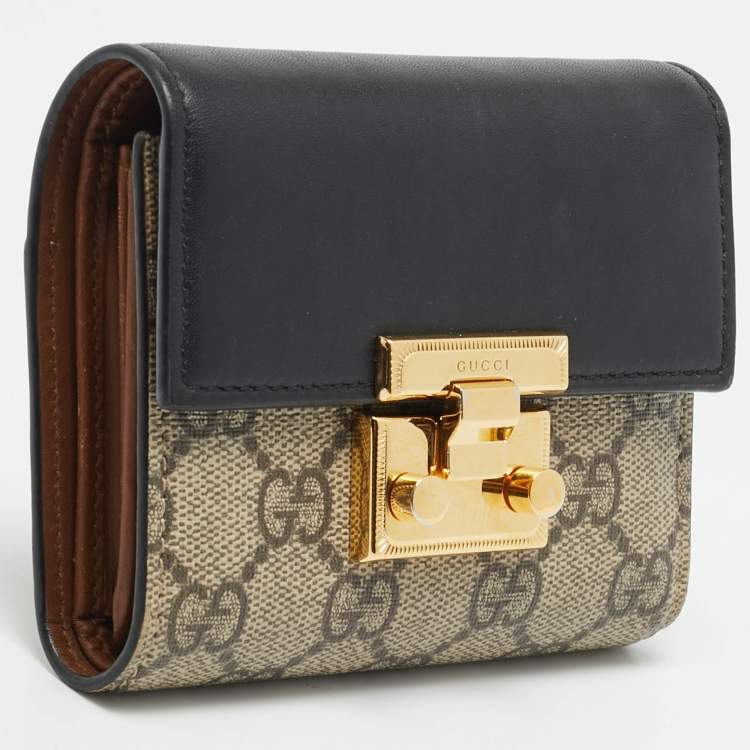 Pre Owned Gucci Padlock Beige/Black GG Supreme Canvas and Leather Trifold Wallet