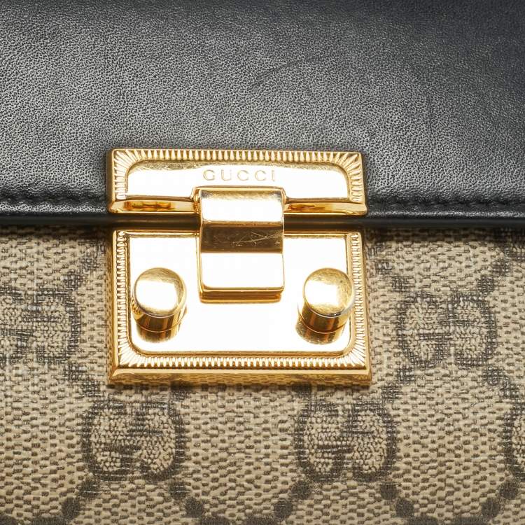 Pre Owned Gucci Padlock Beige/Black GG Supreme Canvas and Leather Trifold Wallet