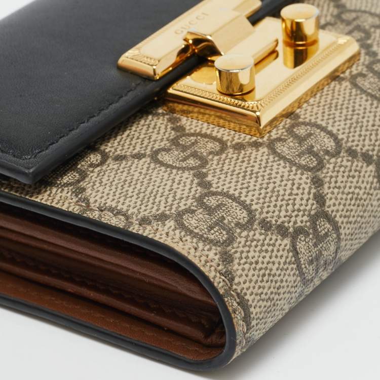 Pre Owned Gucci Padlock Beige/Black GG Supreme Canvas and Leather Trifold Wallet