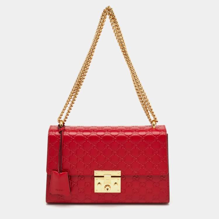 Pre Owned Gucci Padlock Red Medium Guccissima Leather Shoulder Bag