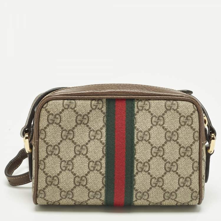 Pre Owned Gucci Ophidia Mini Beige/Brown GG Supreme Canvas and Leather Crossbody Bag