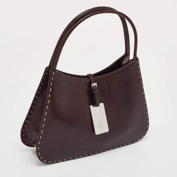 Pre Owned Gucci Topstitch Dark Brown Leather Hobo