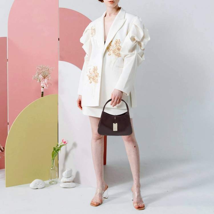 Pre Owned Gucci Topstitch Dark Brown Leather Hobo