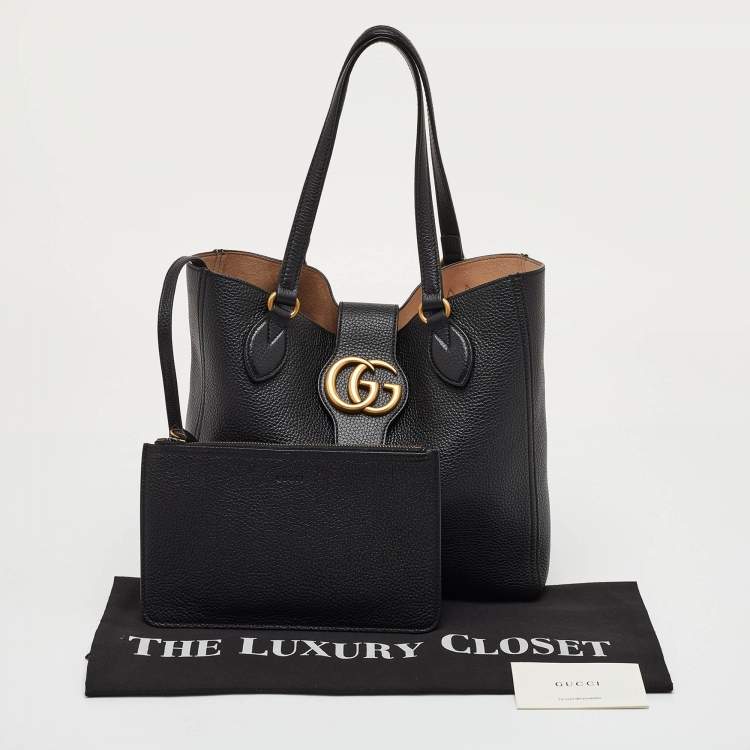 Pre Owned Gucci GG Marmont Dahlia Small Black Leather Tote