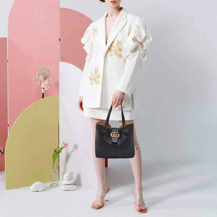 Pre Owned Gucci GG Marmont Dahlia Small Black Leather Tote