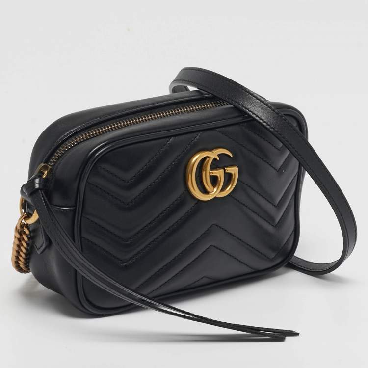 Pre Owned Gucci GG Marmont Mini Black Matelassé Leather Camera Bag