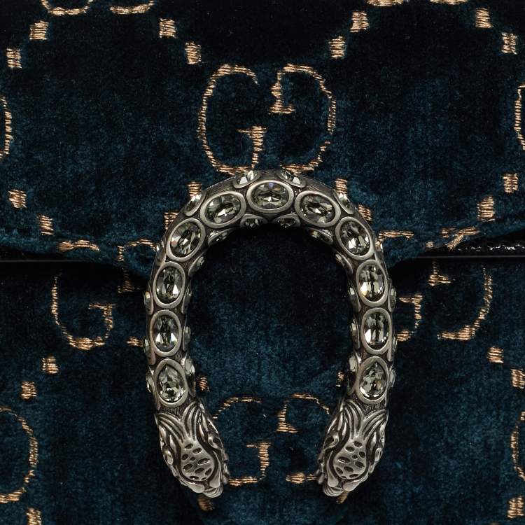 Pre Owned Gucci Dionysus Crystal Super Mini Black/Teal Green GG Velvet and Patent Leather Bag