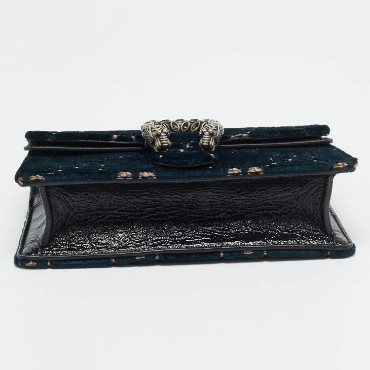 Pre Owned Gucci Dionysus Crystal Super Mini Black/Teal Green GG Velvet and Patent Leather Bag