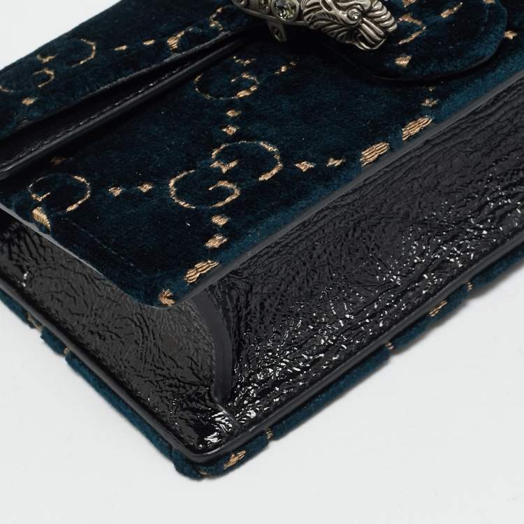 Pre Owned Gucci Dionysus Crystal Super Mini Black/Teal Green GG Velvet and Patent Leather Bag