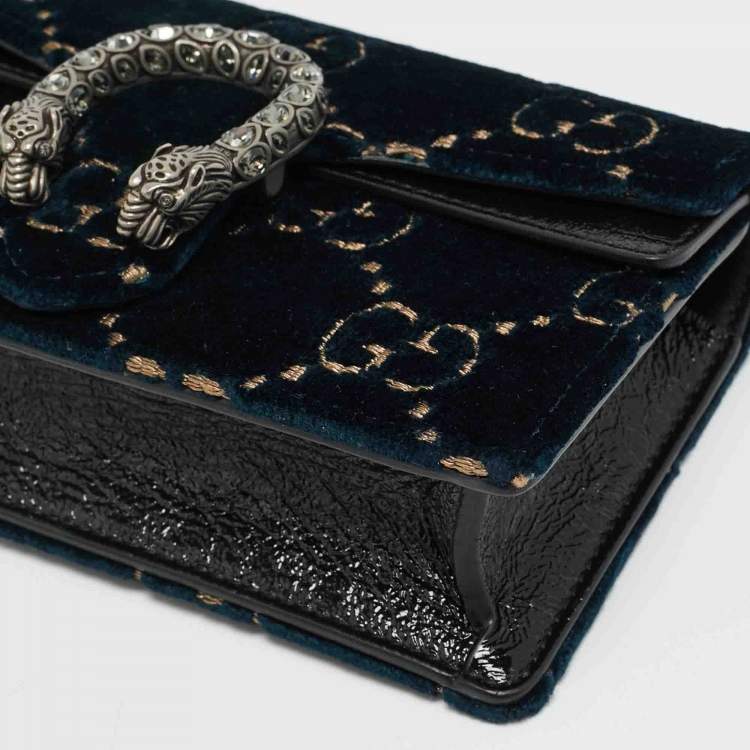 Pre Owned Gucci Dionysus Crystal Super Mini Black/Teal Green GG Velvet and Patent Leather Bag