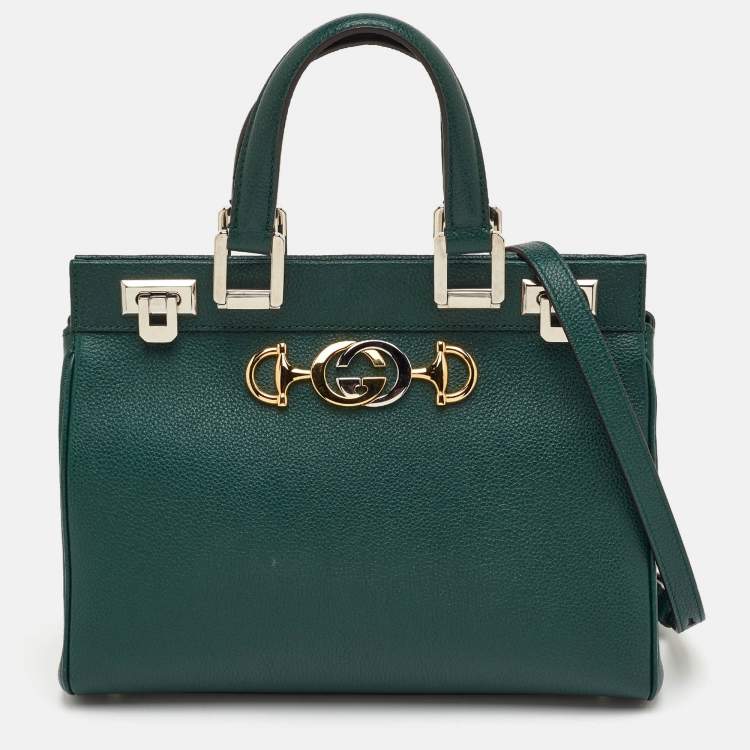 Pre Owned Gucci Zumi Small Dark Green Grain Leather Interlocking G Horsebit Tote