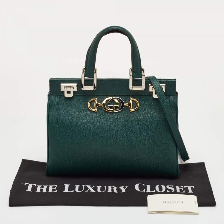 Pre Owned Gucci Zumi Small Dark Green Grain Leather Interlocking G Horsebit Tote