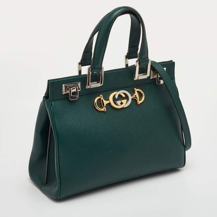Pre Owned Gucci Zumi Small Dark Green Grain Leather Interlocking G Horsebit Tote