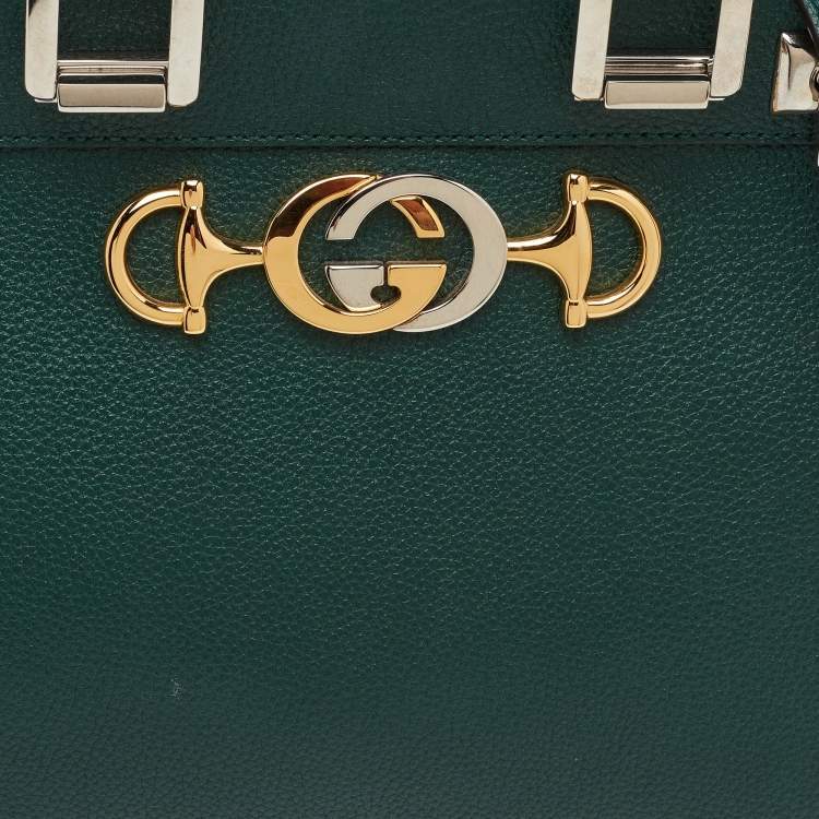 Pre Owned Gucci Zumi Small Dark Green Grain Leather Interlocking G Horsebit Tote