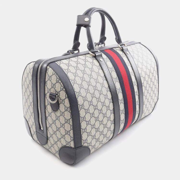 Pre Owned Gucci Medium Duffle Bag Gg Supreme Boston Coated Canvas And Leather Ivory Navy