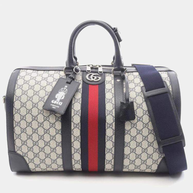 Pre Owned Gucci Medium Duffle Bag Gg Supreme Boston Coated Canvas And Leather Ivory Navy
