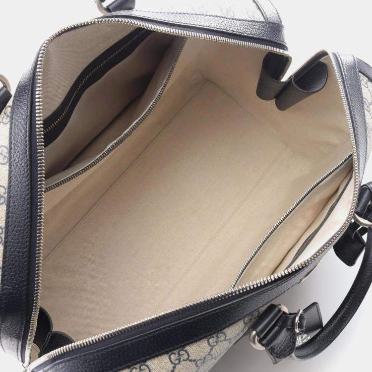 Pre Owned Gucci Medium Duffle Bag Gg Supreme Boston Coated Canvas And Leather Ivory Navy