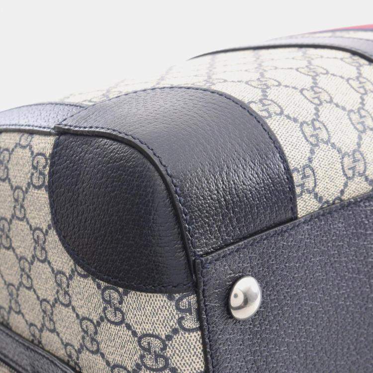 Pre Owned Gucci Medium Duffle Bag Gg Supreme Boston Coated Canvas And Leather Ivory Navy